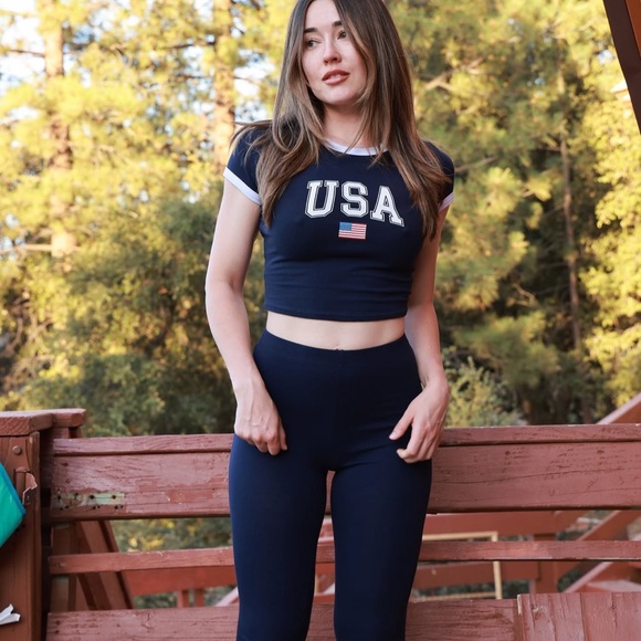 Fashion Nova Navy Blue USA Crop Top and flare Leggings Set - Picture 1 of 5